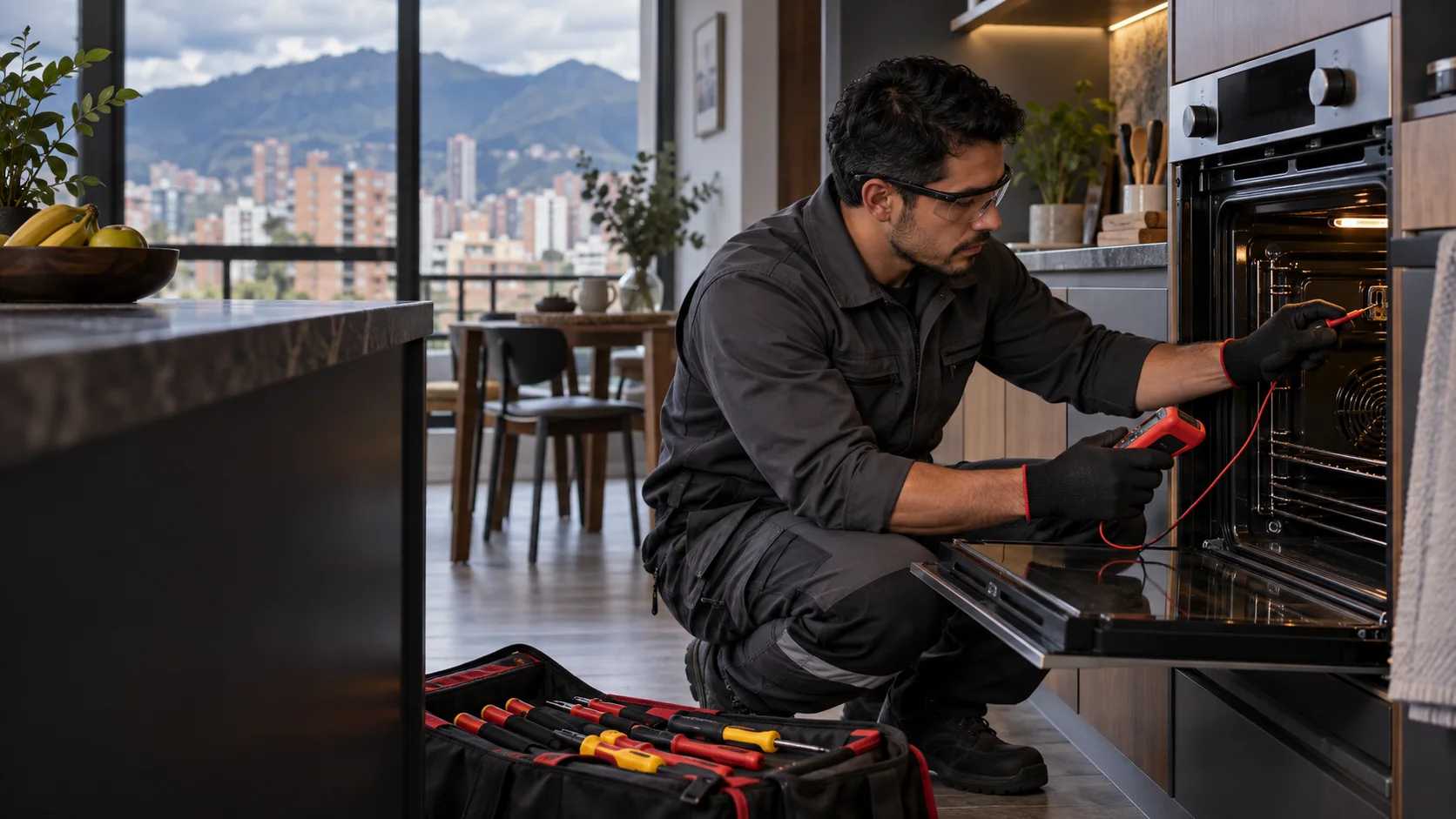Técnico revisando un horno empotrado en una cocina colombiana